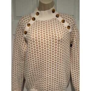 Ann Taylor mock neck button textured knit sweater Sz M cozy warm cream & beige